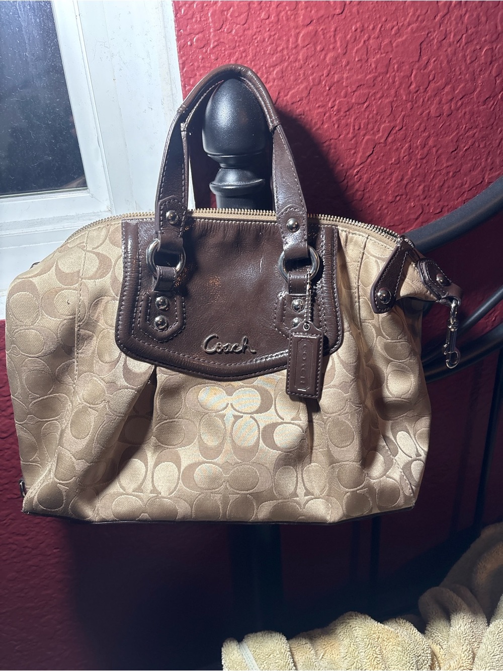 Coach Tan Signature Satchel with Brown Leather Trim